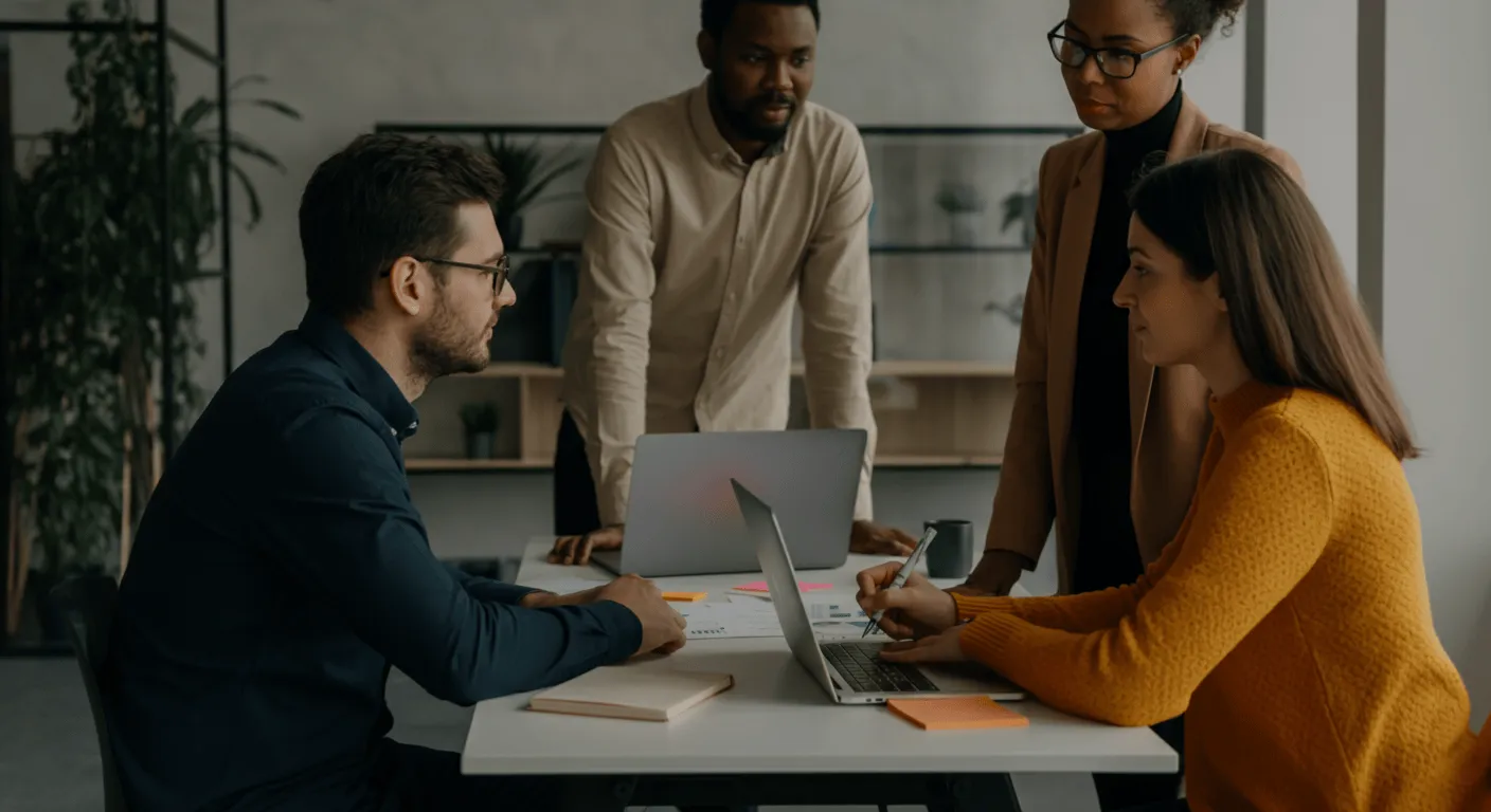 A diverse team of consultants and a client engaging in a collaborative planning session in a modern open-plan office. They’re gathered around a table with laptops and notes, brainstorming and prioritizing tasks together. Camera at eye-level, using a 50mm lens for a natural perspective, with bright, soft daylight streaming through large windows. Composed using the rule of thirds, showing warm, inviting colors and an energetic yet supportive atmosphere. Photorealistic, high-resolution image capturing genuine interaction and teamwork.