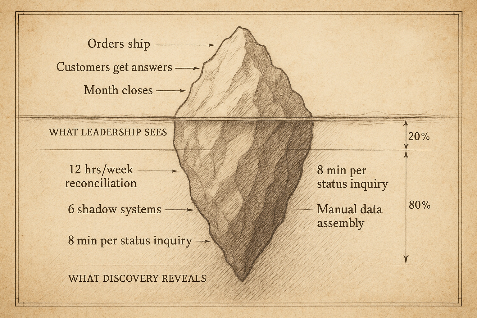 Iceberg diagram showing visible operations above waterline and hidden inefficiencies below