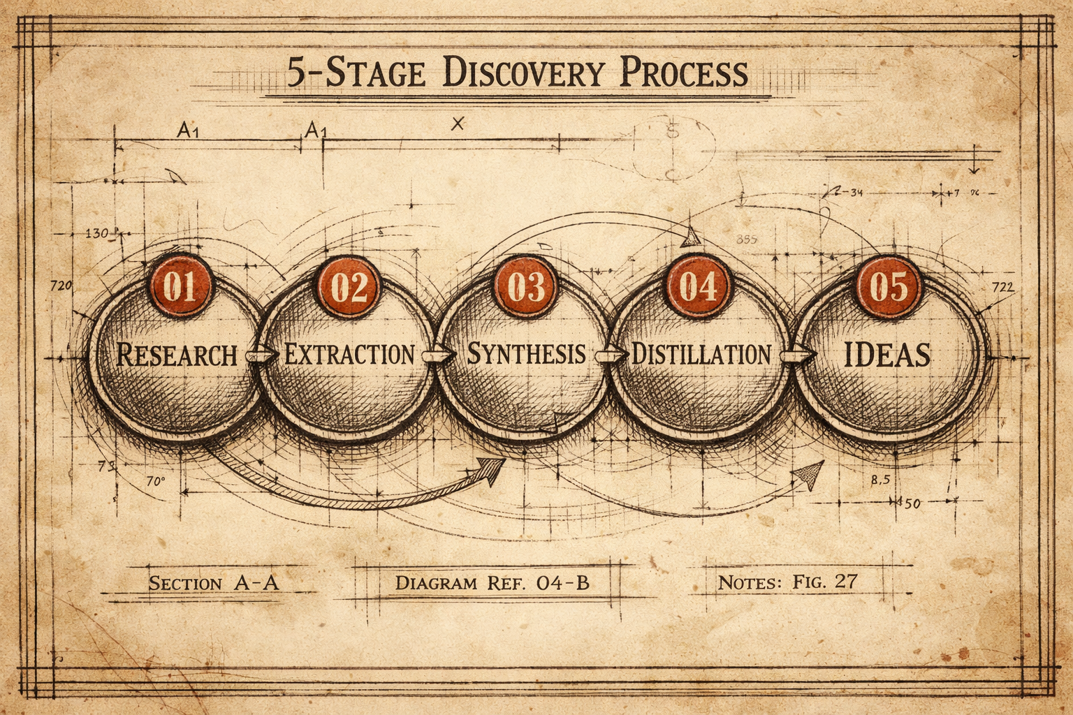 5-Stage Discovery Process: Research, Extraction, Synthesis, Distillation, Ideas